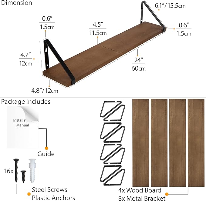 Wallniture Ponza Floating Shelves for Wall, 24" Rustic Wood Wall Shelves for Bedroom Decor, Living Room Book Shelf, Kitchen Organization Walnut Set of 4