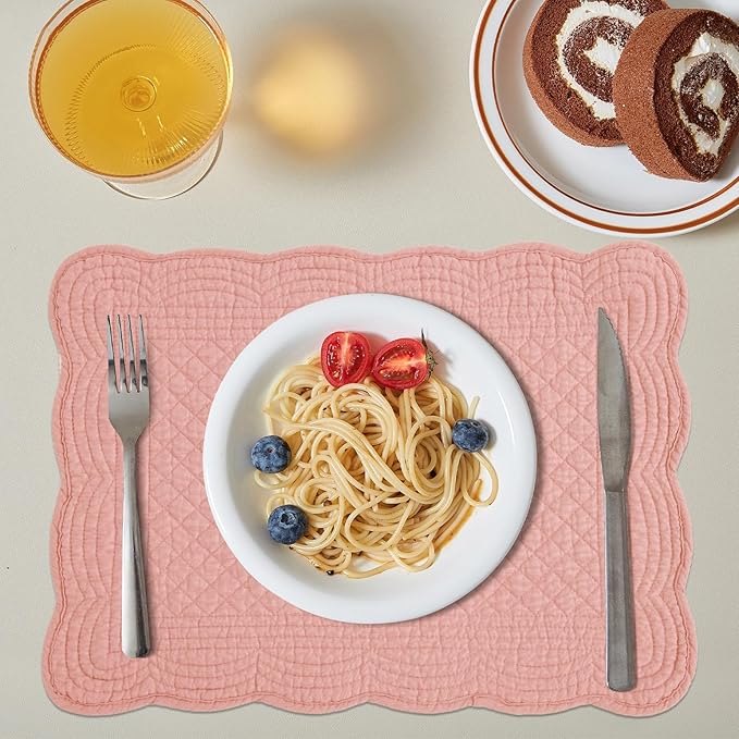 HOMBYS Quilted Placemats Set of 6 Washable-13x18 inches Rectangular Placemats for Kitchen Table-100% Cotton Fabric Rectangular Table Mats, (Blush)