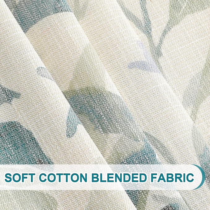 MYSKY HOME Sage Green Curtains 45 Inch Length Light Filtering Cotton Curtains for Kitchen Bedroom Floral Printing Window Treatment Grommet 2 Panels,Sage and Natural