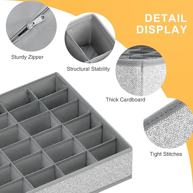 Joyoldelf Sock Drawer Organizer Divider Underwear Organizer 24-cell Fabric Dresser Drawer Organizers Storage Boxes for Socks Lingerie, Handkerchiefs, Ties 4 Pack (Gray)