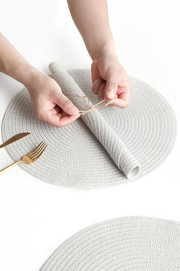 Floroom 15 Inch Round Braided Placemats Set of 4, Washable Heat Resistant Cotton Polyester Circle Place Mats for Kitchen Dining Table - Silver Grey