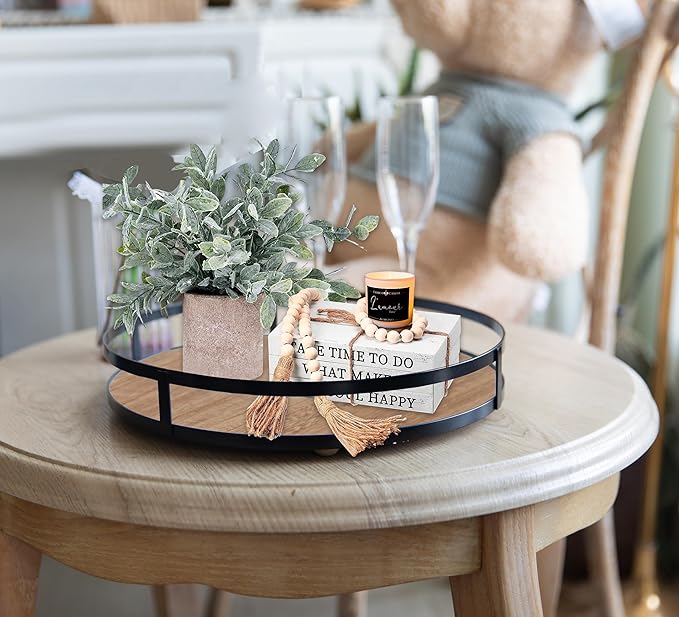 Defined Deco 12in Decorative Tray-Round Serving Tray with Metal Handle-Decorative Trays for Home Decor,Living Room Decor,Coffee Table Decor,Rustic Wooden Tray for Kitchen Table Decor,Dining Table.