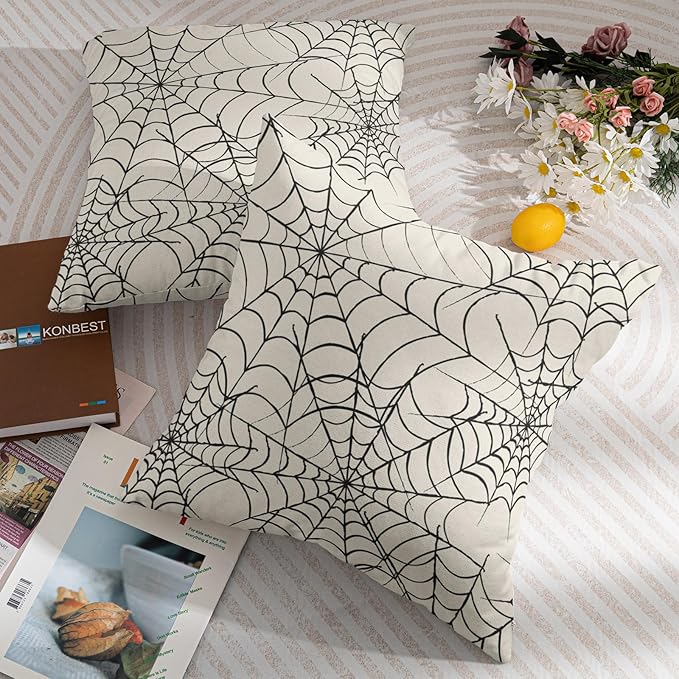 Halloween Spiderweb Pillow Covers 24x24 Set of 2 Cream Black Web Outdoor Decorative Throw Pillows Halloween Scary Themed Farmhouse Pillowcases Linen Cushion Case Decor for Home Sofa Couch Bed
