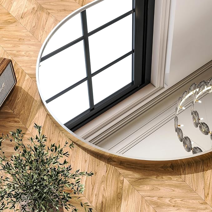 Arched Bathroom Mirror, 32x34 Inch - Wall Mounted Vanity Mirror with Aluminum Alloy Frame - Ideal for Living Room, Bedroom, Bathroom, and Entryway, Hanging or Leaning,Sliver