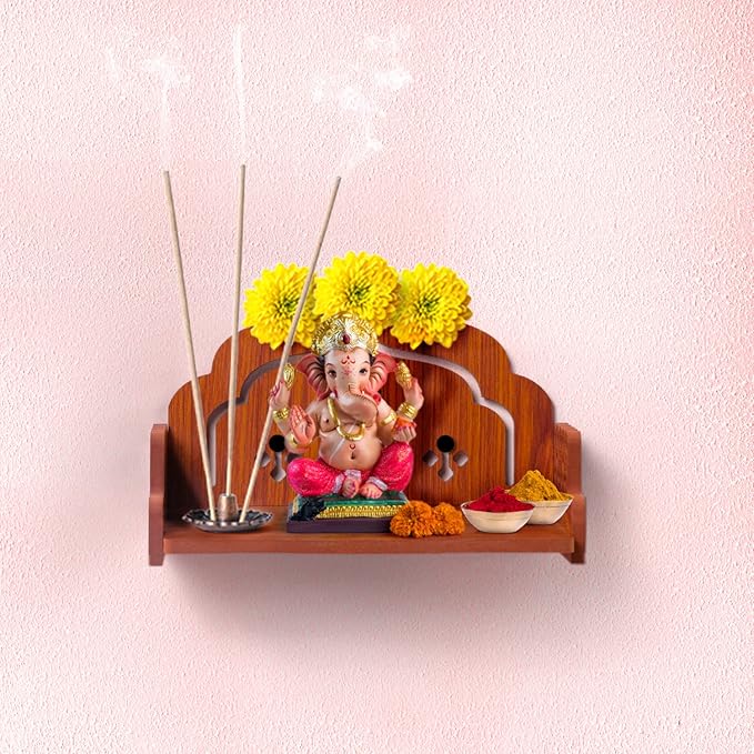 Wooden Small Temple Wall Mounted Hanging Table top Small Pooja Mandir God Stand Shelf for Home Office and Gifting (Size-22 cm x 15 cm x 15 cm) (Om)