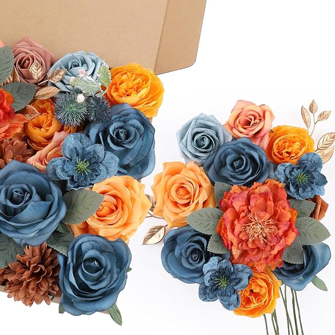 AmyHomie Teal Orange Artificial Flowers Combo Silk Mix Peony Rose Fake Flowers w/Stem for DIY Wedding Bouquets Centerpieces Arrangements Table Fall Decor Party Bridal Baby Shower Home Decorations