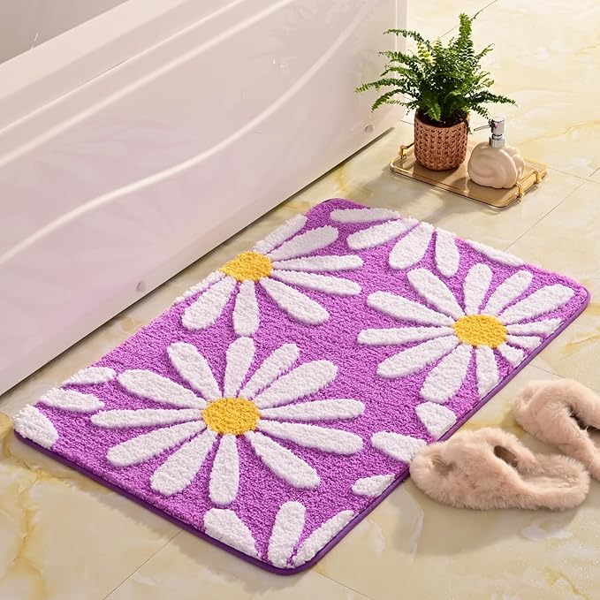 QJHOMO Purple Bathroom Rugs Cute Daisy Bath Mat White and Yellow Flower Decor Rug Non Slip Floor Carpet Microfiber Bathmat Super Absorbent Machine Washable Bathtub Mats for Shower (24x36 inch)