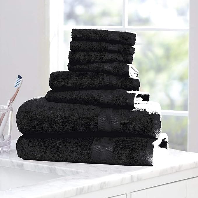 BOUTIQUO Black Towel Set - 8 Piece Bathroom Towel Set - 100% Ring Spun Cotton, 2 Bath Towel 27x54, 2 Hand Towel 16x28 and 4 Washcloth 13x13 - Ultra Soft Highly Absorbent Towel Set - Black