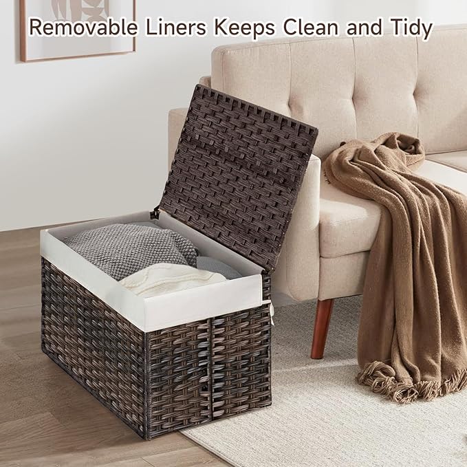 180L Wicker Storage Basket with Lid, Handwoven Rattan Large Shelf Basket with Removable Liner, 47.6 Gallon Wicker Basket for Blanket, Storage Trunk with Handle for Closet, Bedroom, Livingroom, Brown