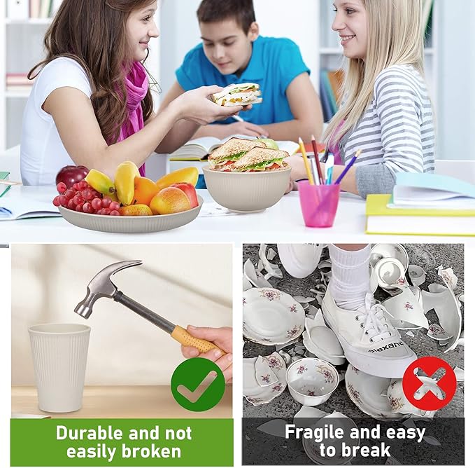 12pcs Wheat Straw Dinnerware Sets for 4, Kitchen Unbreakable Wheat Straw Plates and Bowls Sets for College Dorm Apartment Reusable Beige