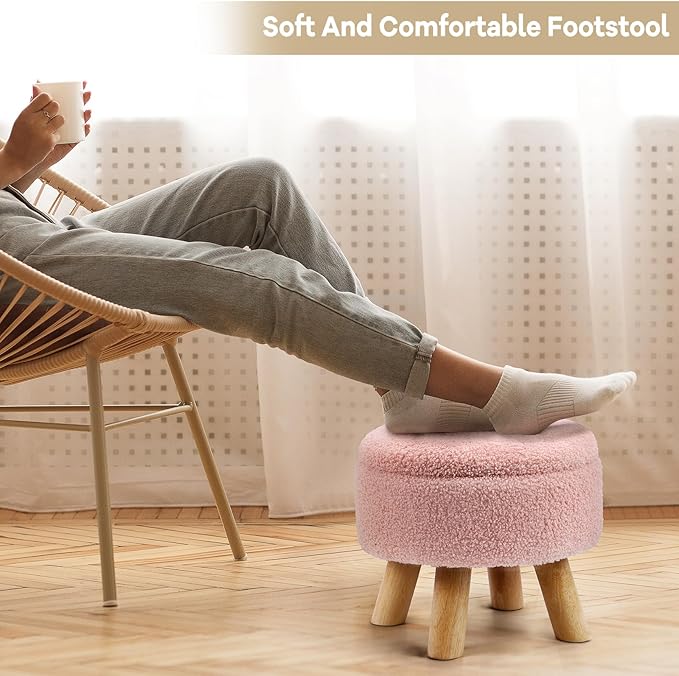 Ottoman Foot Rest, Small Round Ottoman with Storage, Boucle Teddy Velvet Footstool with Wood Legs, Soft Sponge Storage Ottoman for Living Room, Bedroom, Couch, Enterway (Pink)