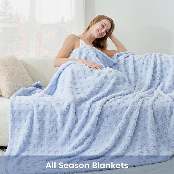 Cozy Bliss Soft King Size Waffle Blanket - Lightweight Cozy Blankets Gift for Women,Cute Checkered Throws Blanket for Bed, Couch and Sofa,Light Blue,108x90 Inches