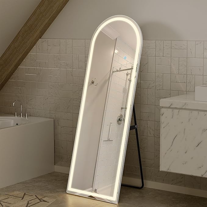 Arched Full Length Mirror with LED Lights, 60"x16" LED Floor Mirror with Stand, Body Floor Mirrors with Dimming & 3 Color Lighting, Wall Mounted LED Mirrors for Bedroom, Dressing Room, Cloakroom