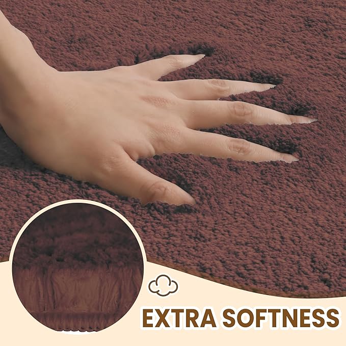 TECHMILLY Fluffy Bathroom Rug Mat 32x20, Absorbent Thick Non Slip Microfiber Mats, Quick Dry Machine Washable Bath Rug for Bathroom Floor, Bathtub and Shower, Brown