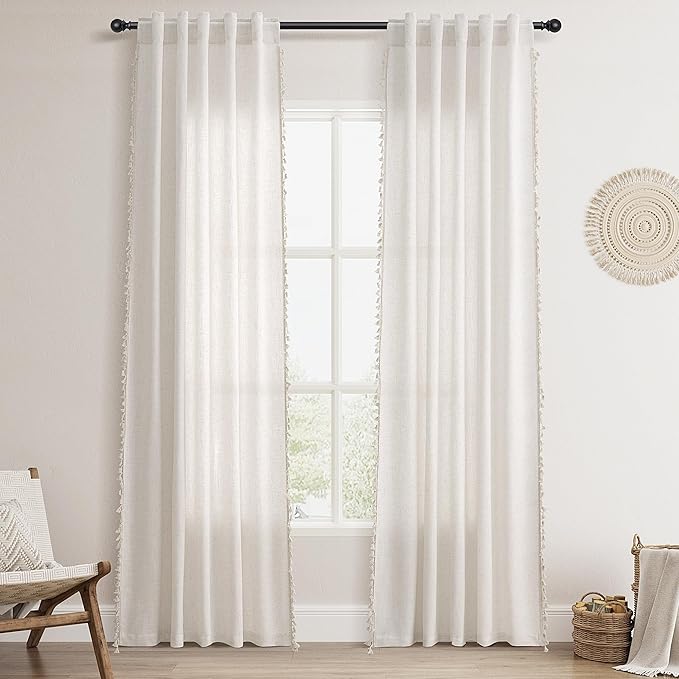 Beige Boho Linen Curtains 80 Inches Long 2 Panels Textured Farmhouse Semi Sheer Window Curtains Tassels Back Tab Neutral Light Filtering Chic Curtain Drapes for Living Room Bedroom 38x80