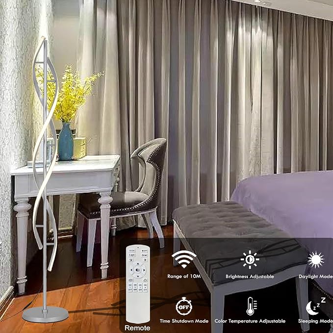 61" LED Floor Lamp for Living Room, 40W 3 Colors Stepless Dimmable and Color-Changing Bright Floor Standing Lamp,Unique Spiral Floor Tall Lamp for Bedroom Office with Remote (Silver)