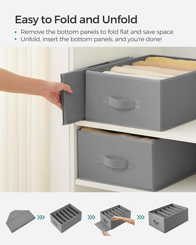 SONGMICS Set of 4 Large Size Wardrobe Clothes Organizers, 6-Compartment Foldable Drawer Organizers with Handles, 16.5 x 11.8 x 6.7 Inches, for Pants, Sweaters, Jeans, Dove Gray URUS009G04