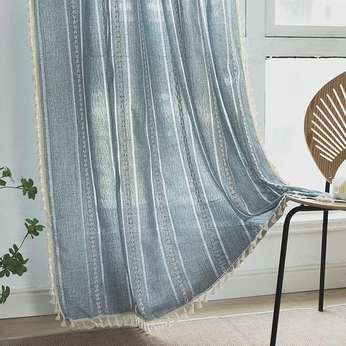 Sutuo Home Blue Boho Curtains 120 inches Long for Bedroom Living Room Nursery Room, Semi Blackout Linen Farmhouse Tassels Window Treatment Bohemian Embroidery Drape, Rod Pocket 1 Panel 52" W x 120" L