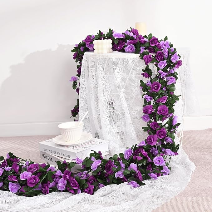 BLEUM CADE 12Pcs 98.4Ft Flower Garland Artificial Rose Vines for Bedroom, Cute Fake Hanging Flower Vines Floral Garland Decorations for Wedding Party Wall Room Decor Aesthetic