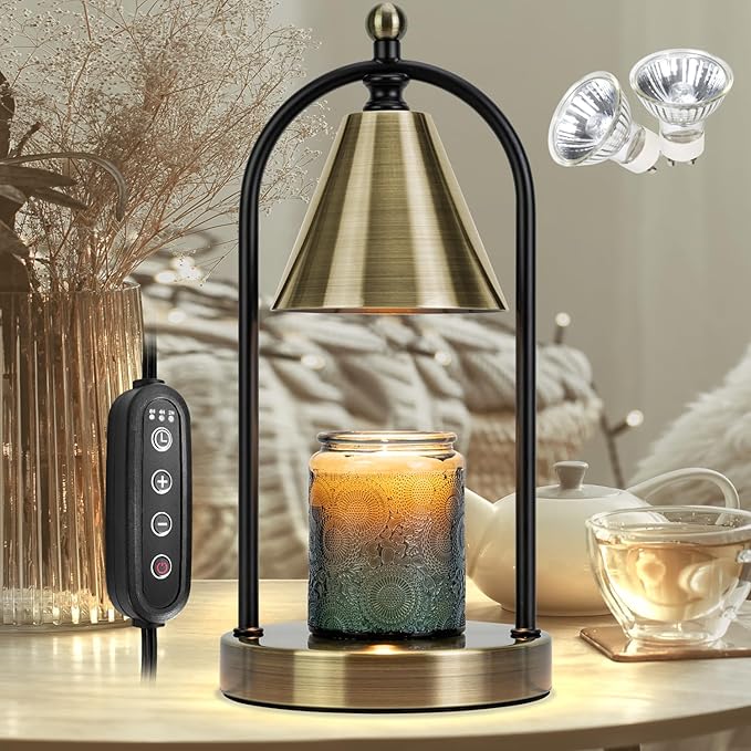 Soilsiu Candle Warmer Lamp with Timer, Electric Brass Candle Warmer Light for Bedroom, Dimmable Wax Melts Warmer for Candle Jars, Beside Lamp Gifts for Women Home Decor (2 Bulbs Included)