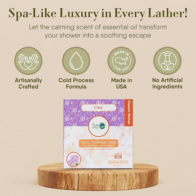 360Feel Lilac Soap - Handcrafted Castile Natural Soap Bar with a Floral Scent - Handmade with Essential Oils - An Ideal Gift for Anniversaries, Weddings, and Stockings - Rich Lather - 5 Ounce