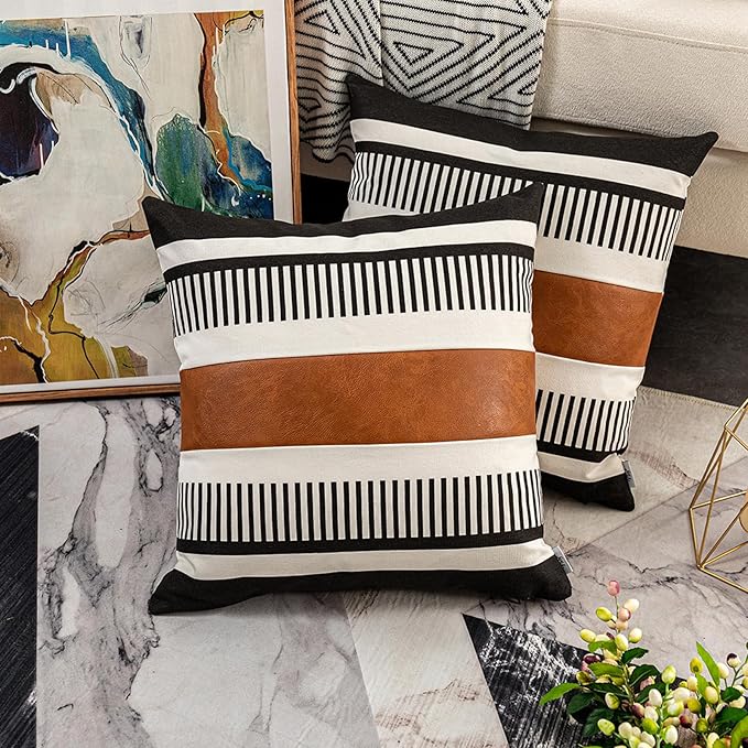 Pack of 2 Faux Leather and Cotton Patchwork Throw Pillow Covers for Sofa Couch Farmhouse Decorative Square Cushion Cover Boho Stripe Accent Pillow Case 20 x 20 Inch, Black