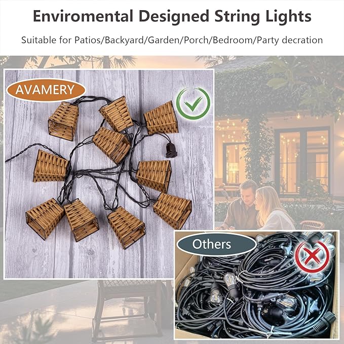 Outdoor-String-Lights-Waterproof, Boho String Lights for Patio, Garden, Porch, Balcony, Gazebo Decorative (Rattan)