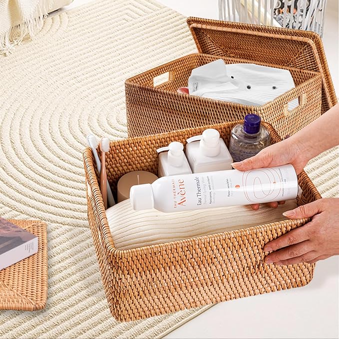 Rattan Basket With Lid, Large Lidded Basket For Storage(11.81" L×7.87"W×5.91"H)