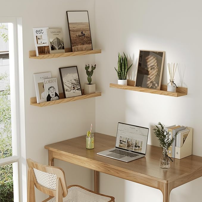 Oak Floating Shelves Wall Mounted Set of 2, Rustic Large Wall Shelves for Storage with Lip, Display Picture Ledge with Lip for Storage, Bedroom, Living Room, Bathroom,Nursery Display