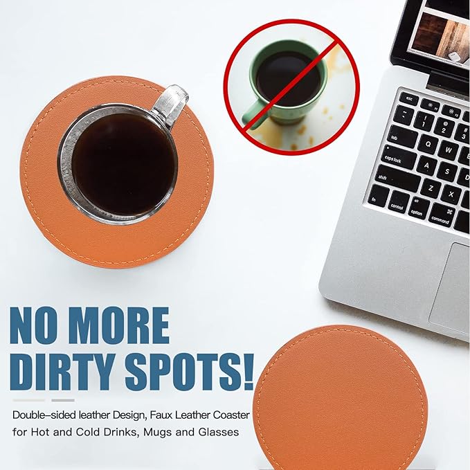 Coasters Set of 6 Soft Leather Drink Coaster Round Coaster with Sewing Around, Suitable for Various Cups, Wooden Tables,Home Decoration,4 Inches (Orange,Sewing Type)