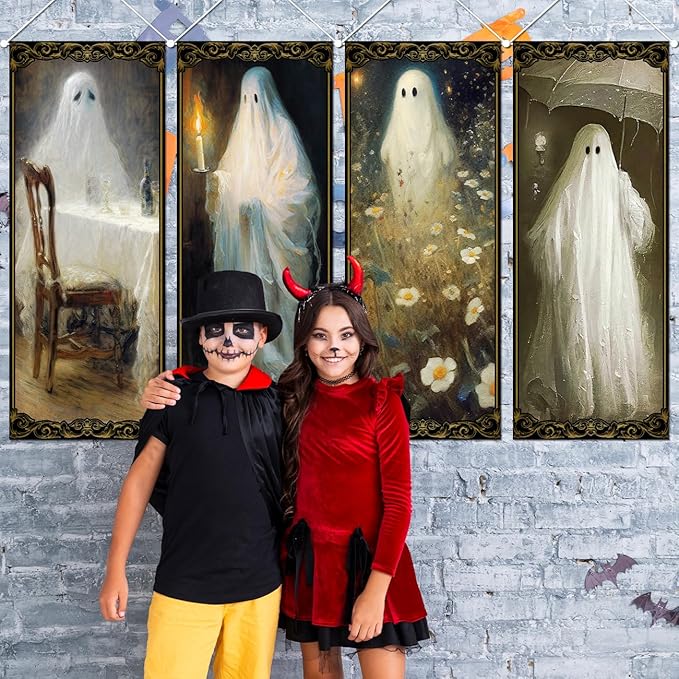 PATIAI Halloween Decorations 4 Pcs Vintage Halloween Hanging Banner Ghost Holding A Candle Photo Banner Backdrop for Indoor Outdoor