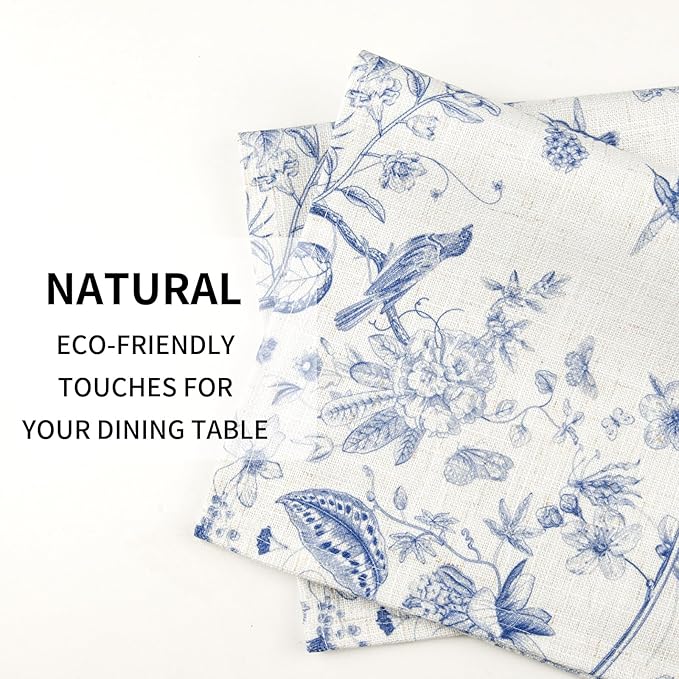 QIYI Boho Placemats Set of 4, 12x18 Inch Linen Fabric Place Mats for Kitchen Dinning, Farmhouse Rustic Floral Cloth Table Mats, Washable Placemat Botanical Party Table Décor, Blue Garden