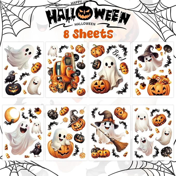 8 Sheet Halloween Window Clings, Ghost Pumpkin Bat Reusable Window Stickers Double Decals for Glass Window Halloween Decoration