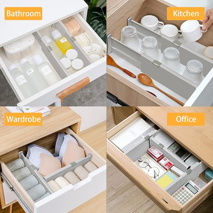 Drawer Dividers Organizer 5 Pack, Adjustable Separators 4" High Expandable from 11-17" for Bedroom, Bathroom, Closet,Clothing, Office, Kitchen Storage, Strong Secure Hold, Foam Ends, Locks in Place