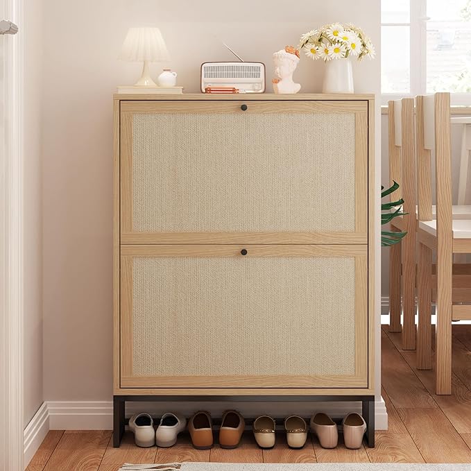AVZEAR Shoe Cabinet with 2 Flip Drawer Door, Freestanding Shoe Organizer, Shoe Cabinet Storage for Entryway, Shoe Storage Shoe Rack for Closet with Linen Doors Drawer in Hallway, Living Room (Natural)