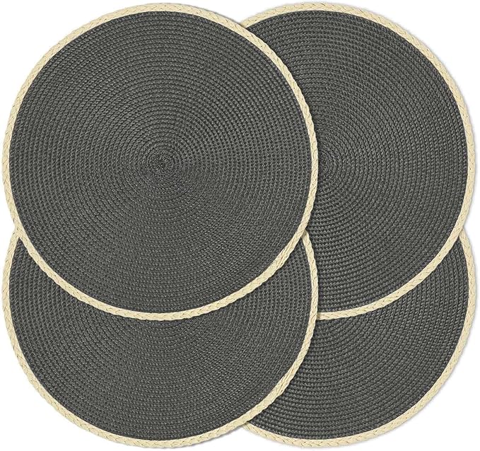 Noctiflorous Round Braided Placemats Set of 4 Table Mats 15 Inches Washable Heat Resistant for Dining Table Non-Slip Indoor Outdoor Place Mats for Easter(01 Charcoal Grey 4)