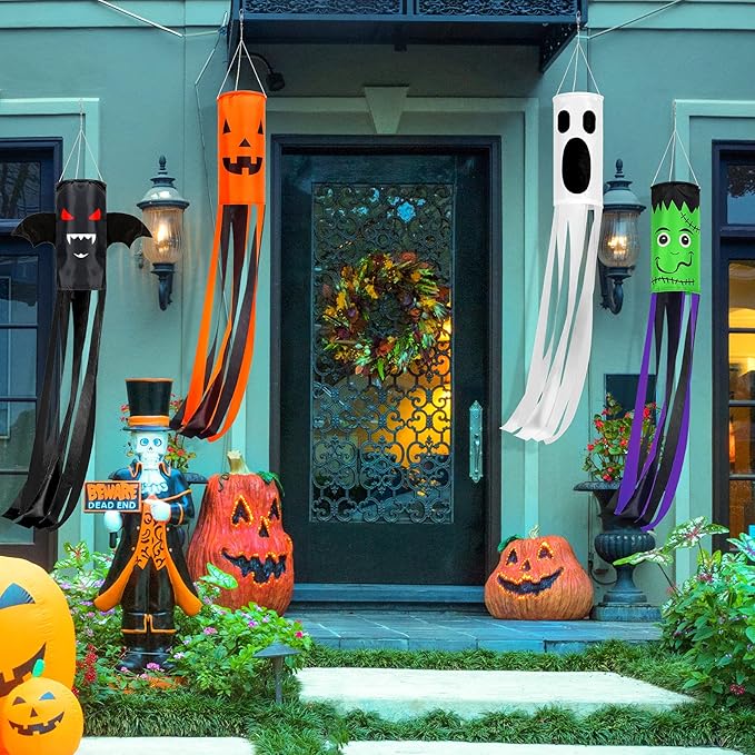 Whaline 4 Pieces Halloween Windsock Flag 39 Inch Spooky Cartoon Flag Wind Socks Pumpkin Bat Ghost Monster Outdoor Hanging Decoration for Home Yard Patio Lawn Garden Tree Party Decoration