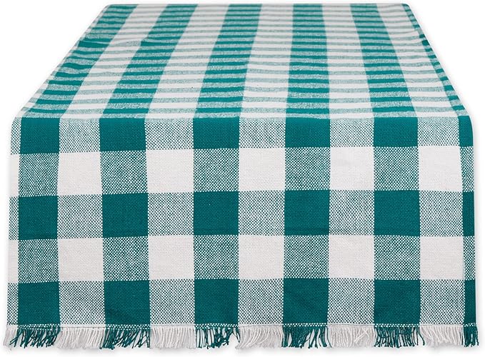 DII Heavyweight Fringed Check Tabletop Collection, Table Runner, 14x108, Teal