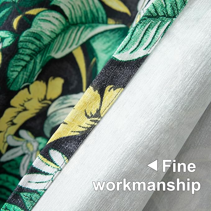 Leeva Black & Green Leaf Print Chenille Curtains 52 x 63 – 2 Panels Light Filtering Farmhouse Window Drapes for Bedroom Living Room