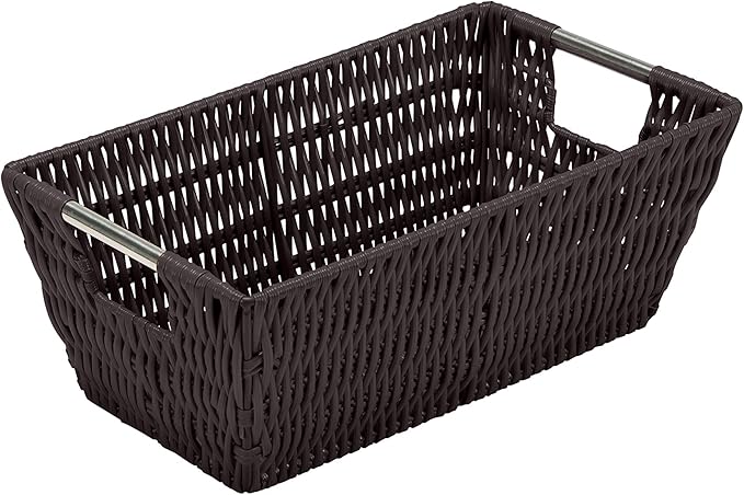 Simplify 11"x6.5"x4.5" Small Shelf Storage Woven Basket with Handles, Nursery, Playroom, Toys, Bedroom, Closet, Clothes, Office, Decorative Rattan Totes, Chocolate