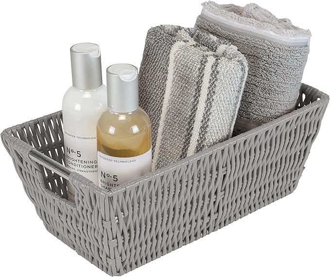 Simplify 11"x6.5"x4.5" Small Shelf Storage Woven Basket with Handles, Nursery, Playroom, Toys, Bedroom, Closet, Clothes, Office, Decorative Rattan Totes, Grey