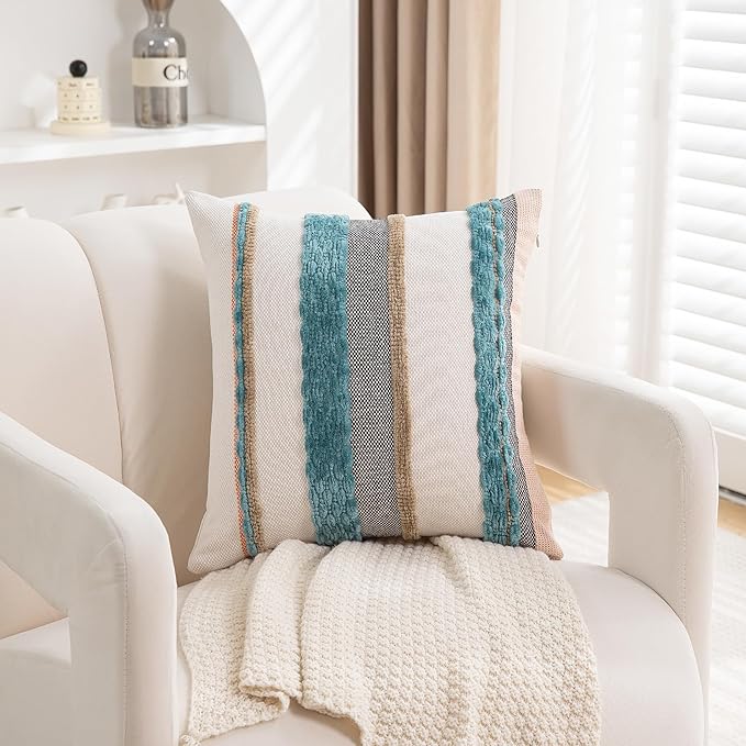 Boho Pillow Covers 18x18 Set of 2 for Couch-Modern Farmhouse Sofa Decorative Teal Throw Pillow Covers Textured Chenille Cushion Covers Outdoor Netural Bohemian Pillow Cases Square