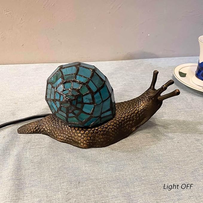 Bieye L10975 Land Snail Tiffany Style Stained Glass Accent Table Lamp for Home Decor (Cyan, 10" D x 5" W x 5" H)