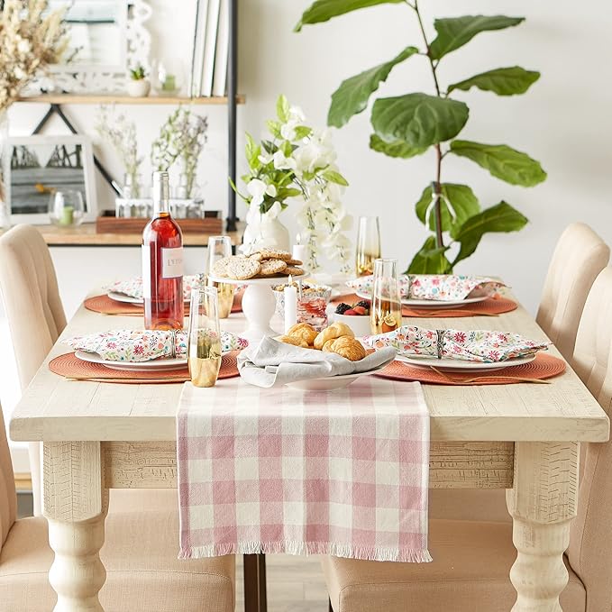 DII Heavyweight Fringed Check Tabletop Collection, Table Runner, 14x72, Pale Mauve