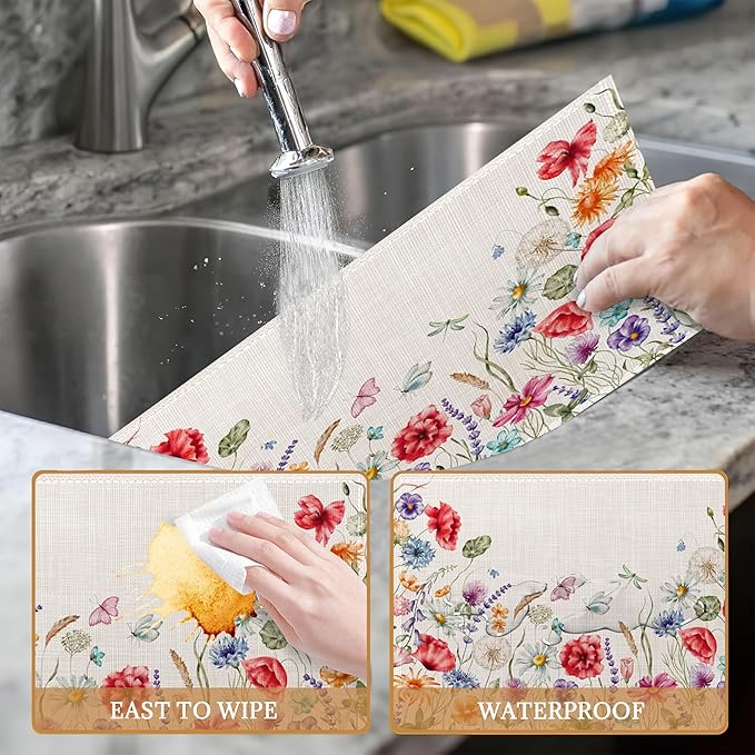 Watercolor Floral Chamomile Lavender Flowers Placemats Set of 6 Place Mats for Kitchen Table Washable Farmhouse Linen Table Mats Dining Decoration 12x18 Inch