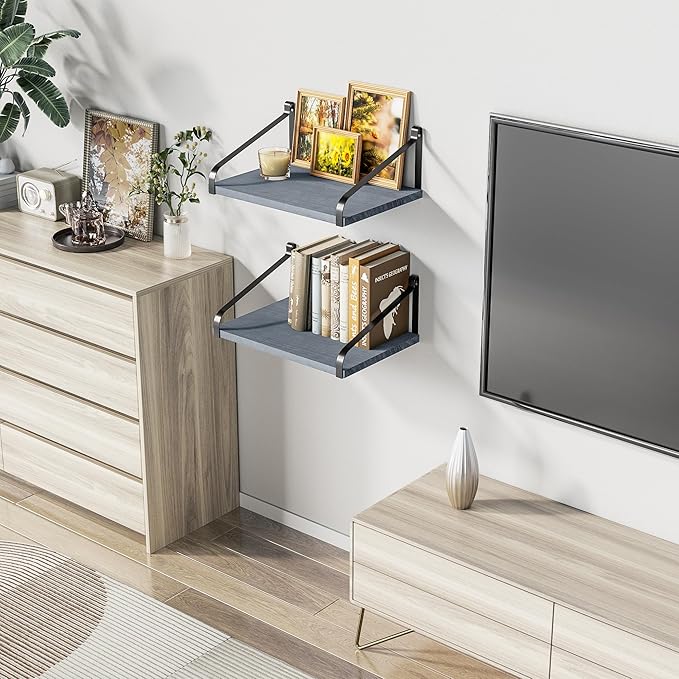 Love-KANKEI Floating Shelves Wall Mount Rustic Wood Wall Shelves with Large Storage L16.5 x W12 inch for Kitchen Living Room Bathroom Bedroom Set of 2 Weathered Grey