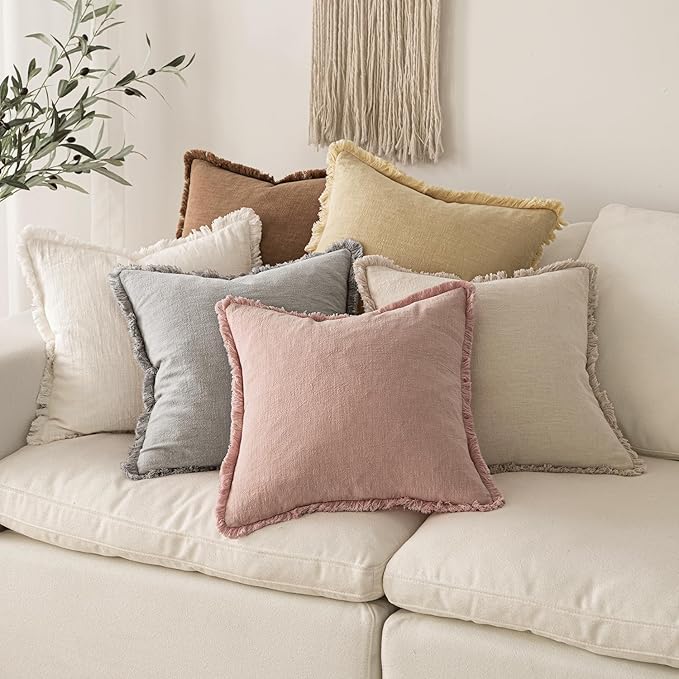 MIULEE Decorative Throw Pillow Covers Neutral Linen Fringe Throw Pillows Set of 2 Pink Boho Farmhouse Cushion Covers with Tassels for Couch Sofa Bed Living Room Spring Home Decor 18x18 Inch