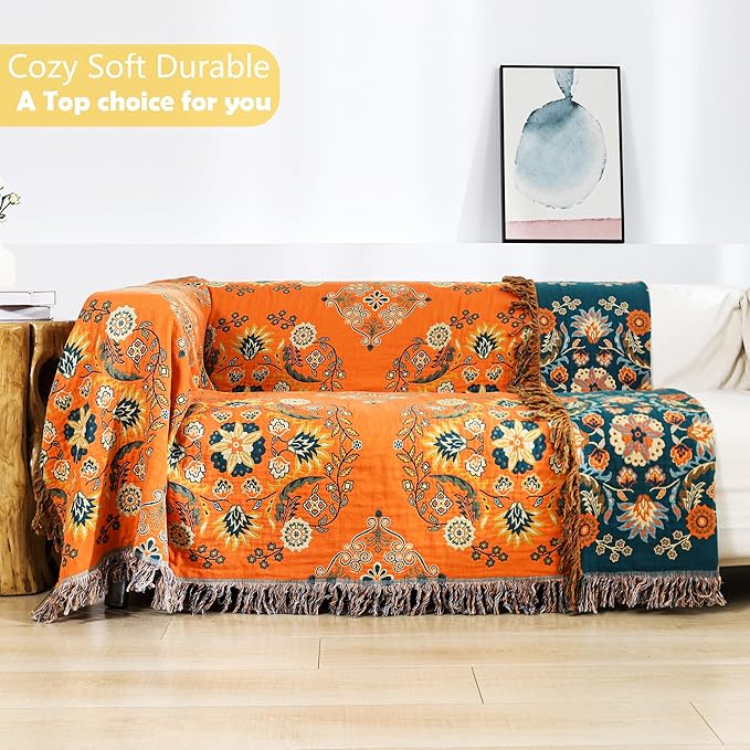 Boho Throw Blanket, 100% Cotton Muslin Breathable Soft Bed Throw - Floral Farmhouse Decor Blanket for Sofa Couch Chair and Gift. 60" x 80"- Orange