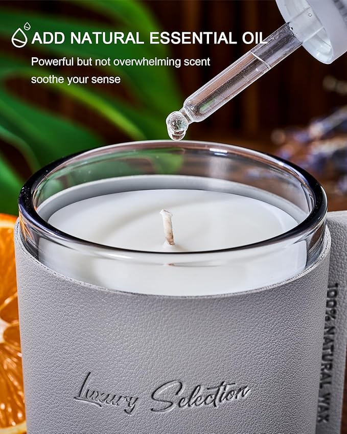 M&SENSE Soy Teakwood Scented Candle 7.4oz 40 Hours Long Lasting, Leather Wrapped Luxury Aromatherapy Gift for Men & Women, Relaxing Stress Relief