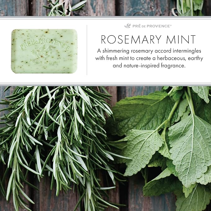 Pre de Provence Artisanal Soap Bar, Natural French Skincare, Enriched with Organic Shea Butter, Quad Milled for Rich, Smooth & Moisturizing Lather, Rosemary Mint, 5.3 Ounce